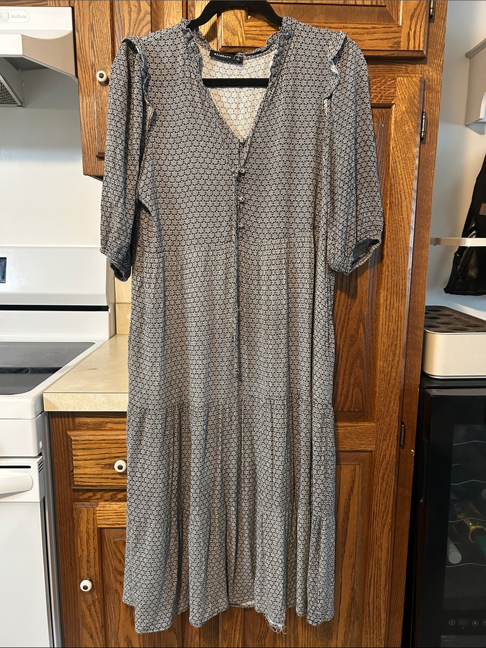 Light Gray Printed Midi Dress with Ruffle Neck